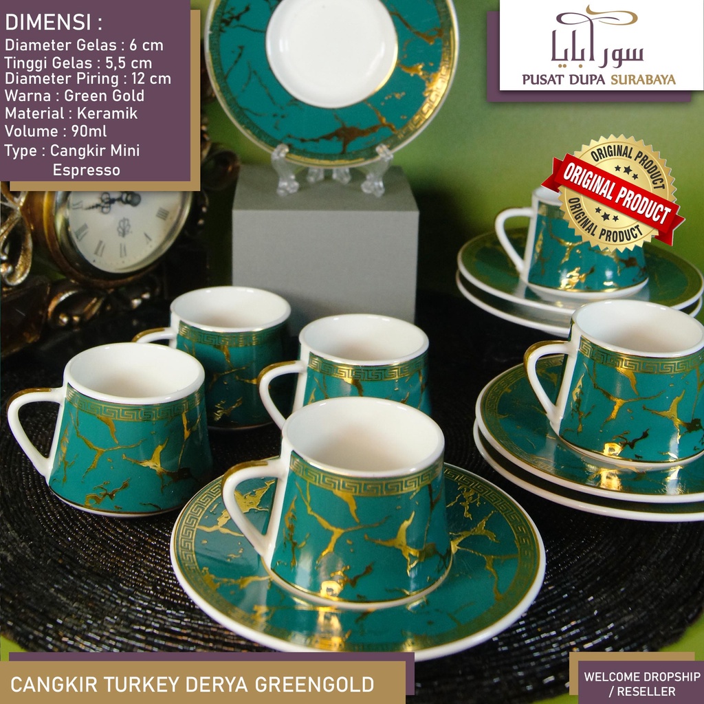 Cangkir Kopi/Teh Keramik Set Mini Espresso Turkey Derya Green/Arab Mewah Premium (Isi12) bukan sango