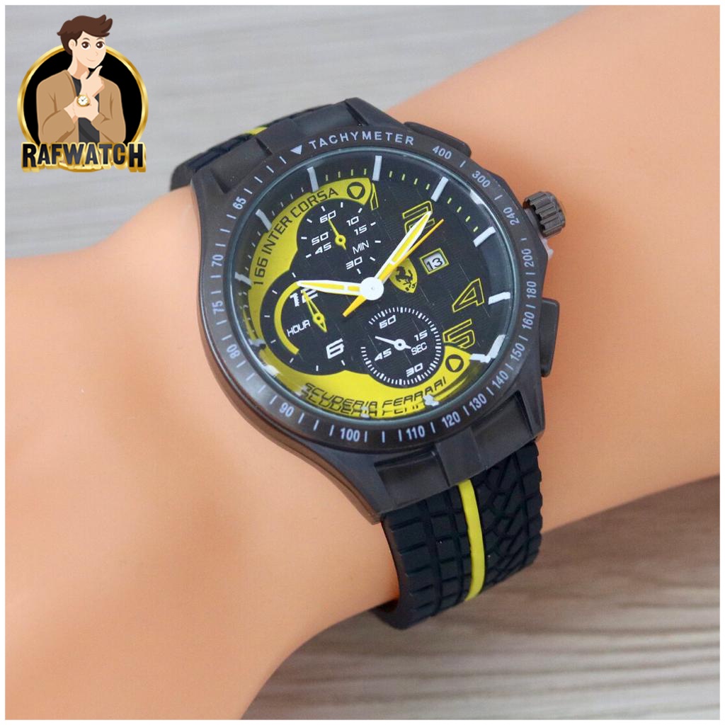 Jam Tangan Pria Sporty Casual Ferarri Strap Rubber Tanggal Aktif