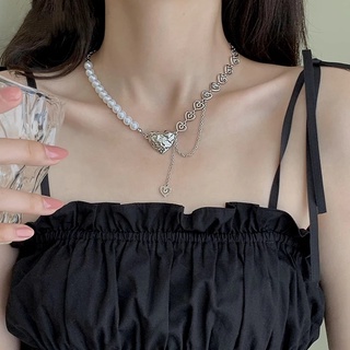 IFYOU Kalung Choker Rantai Klavikula Desain Kartun Hati Ganda Aksen Mutiara Warna Silver Untuk Wanita