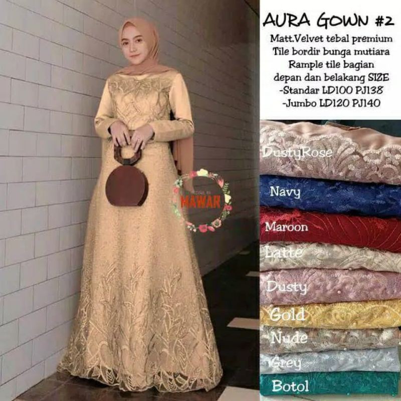 Aura Gown 2 Sahita Maxy Gamis Brukat Tile Depan Belakang Gamis Kondangan Full Bruklat gamis remaja muslimah gamis lebaran outfit bridesmaid seragaman pernikahan gamis jumbo wanita xxl dress muslim terbaru warna rose gold grey silver mocca brown maroon