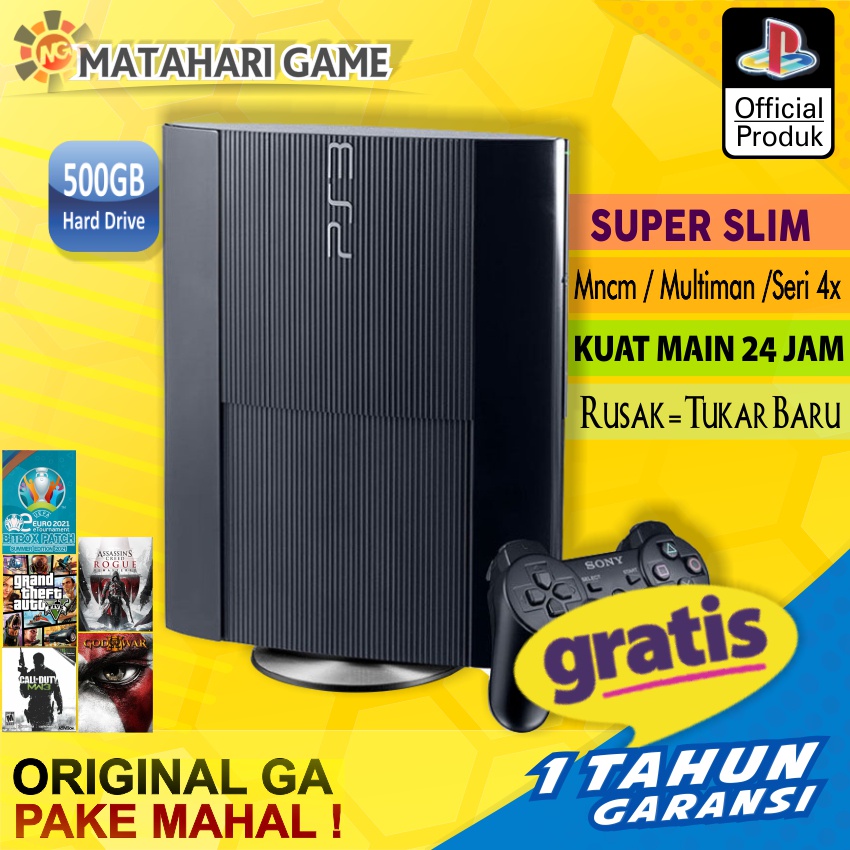 PS3 Super Slim Asli Sony + 2 Stick Wireless / 500Gb Full Max 55 Games