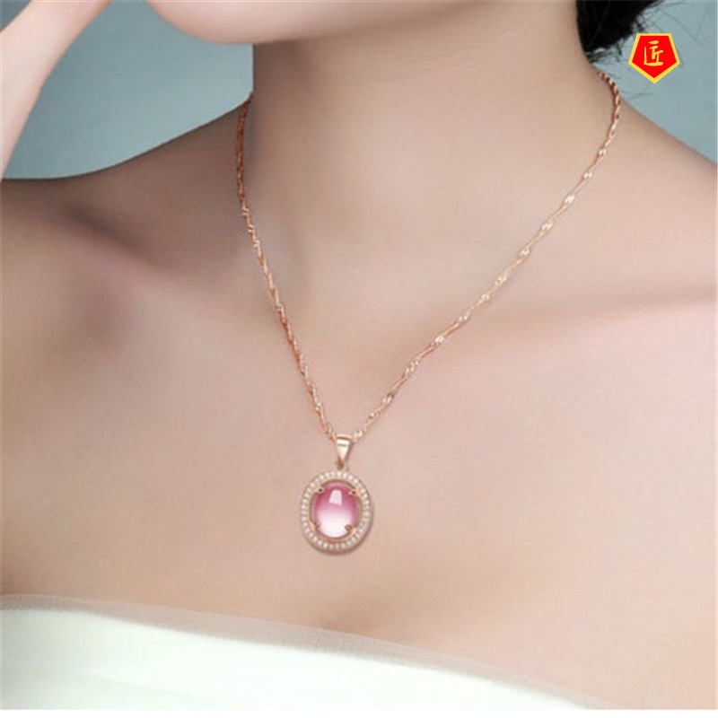 [Ready Stock]Rose Gold Micro-Inlaid Pink Crystal Rose Quartz Pendant Silver Necklace