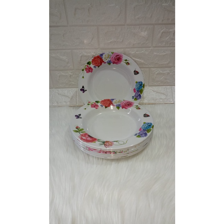 6pcs piring makan melamin/ piring melamin/ piring cekung melamin/ motif; bunga kecil/ ukuran; 9inc/ 