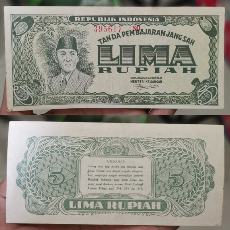 uang 5 rupiah ori sukarno 1947
