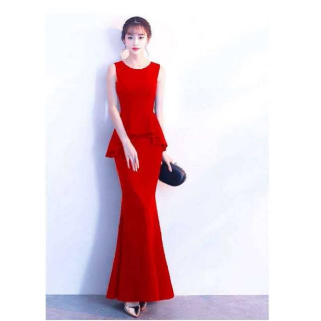 Gaun pesta premium wanita merah / gaun panjang / dress maxi / party dress red import
