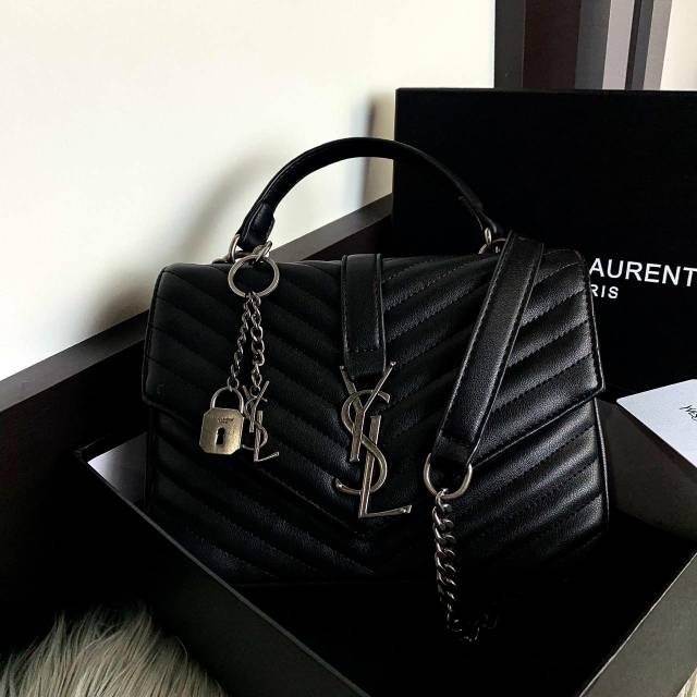 #601 (ysl) College Monogram Bag in Black Matelasse Leather
