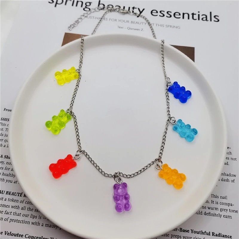 Kalung Rantai Choker Hias Liontin Beruang Gummy Warna Permen Gaya Korea Untuk Perempuan