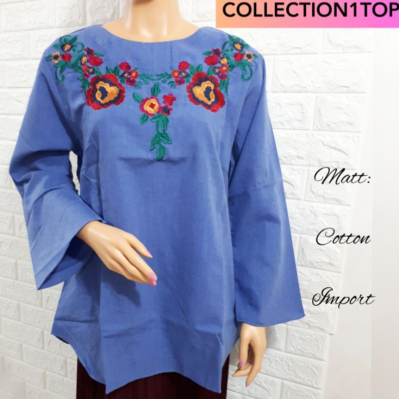 BLOUSE JUMBO / WANITA / ATASAN / PAKAIAN / BIG SIZE / KATUN / BORDIR / BUNGA / IMPORT / FASHION
