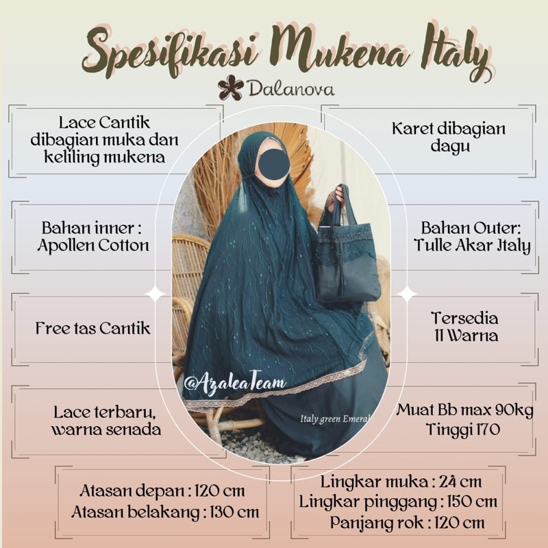 Mukena Dalanova Italy Original Dewasa - Baju Sholat Cantik Nyaman Tas Cantik