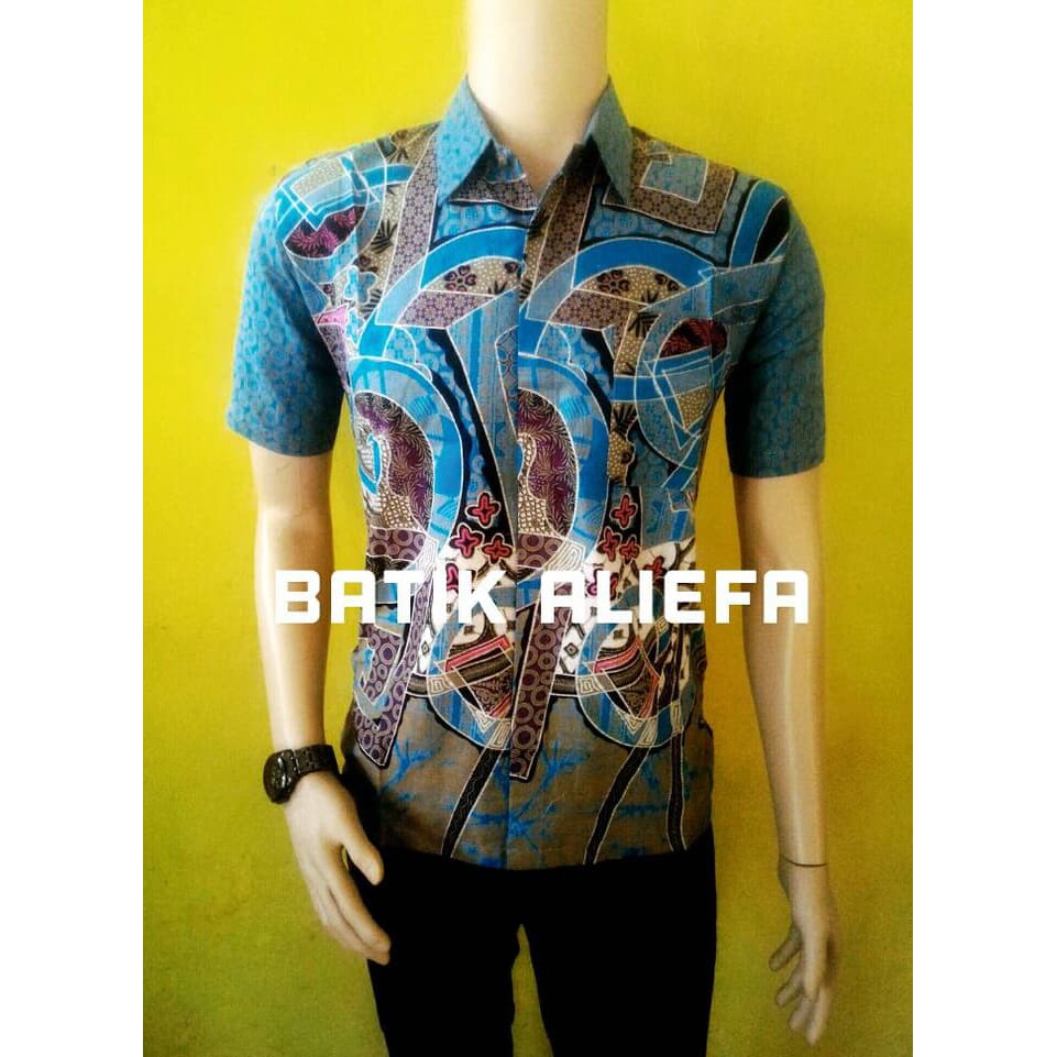 Kemeja Hem Batik Pria Abstrak Biru Fashion Batik pekalongan