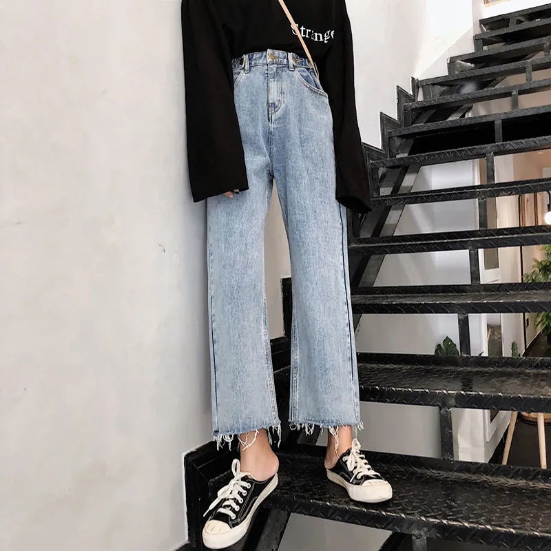 Korean New high waist straight celana jeans panjang wanita