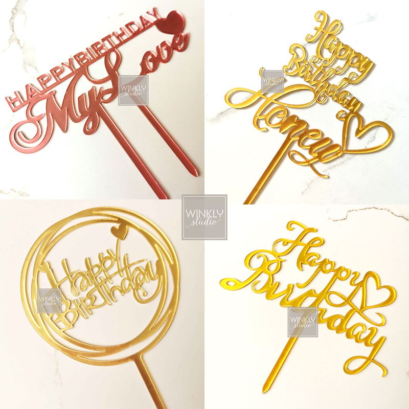 Acrylic Cake Topper Happy Birthday Heart / Topper Akrilik Kue Ulang Tahun / Kue Tart Gold Love