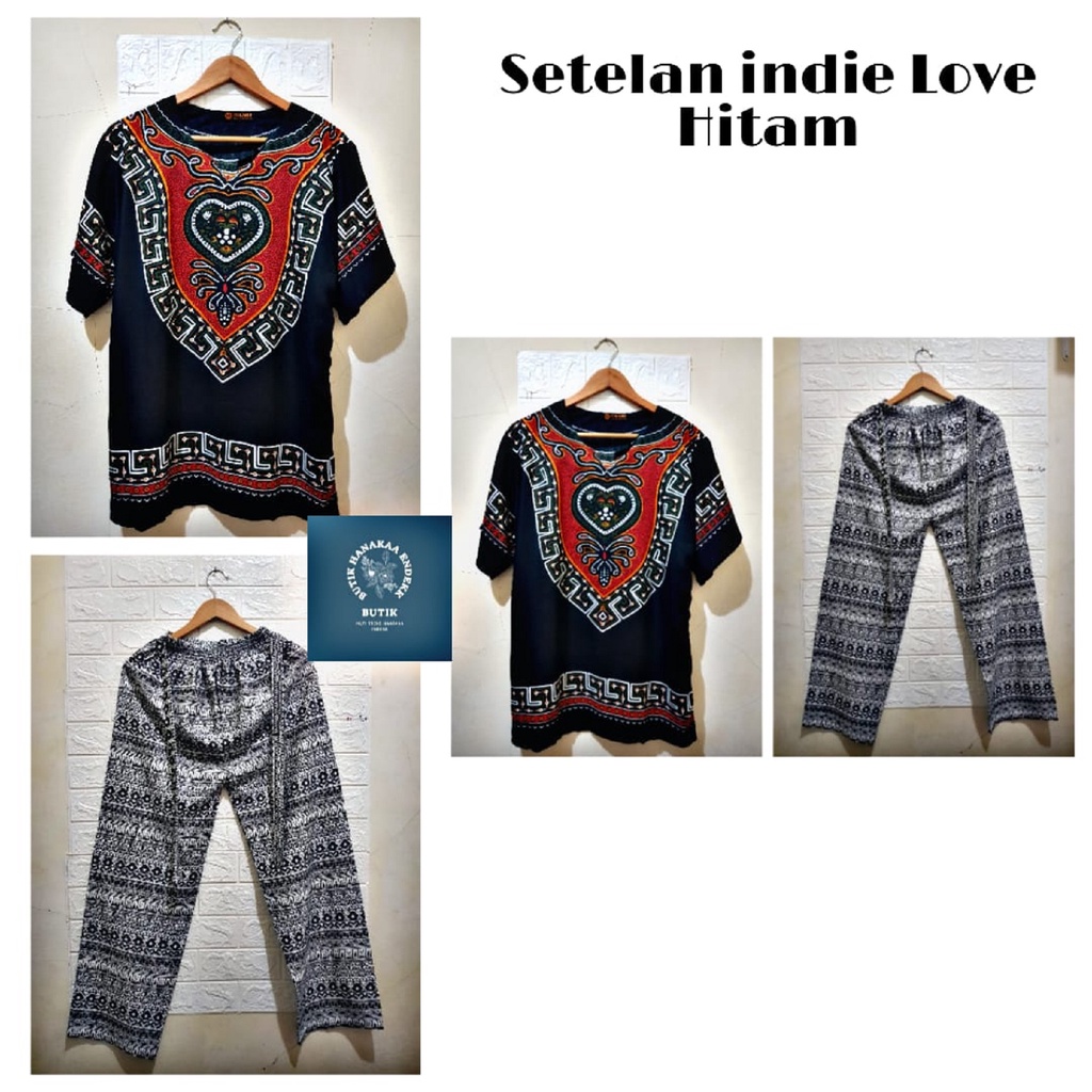 Set/Setelan Baju dan Celana Etnik Love Hitam Pria/Wanita (Unisex)