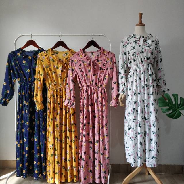 Maxi Dress Bunga Rample prisket plisket Import bkk hk chn bangkok china