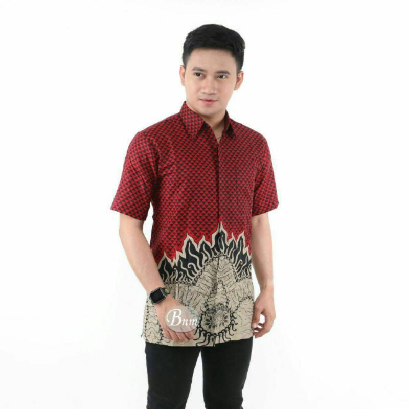 BATIK COUPLE KELUARGA sania ruffle ori ndoro jowi dnt motif Bara merah-Kemeja pendek