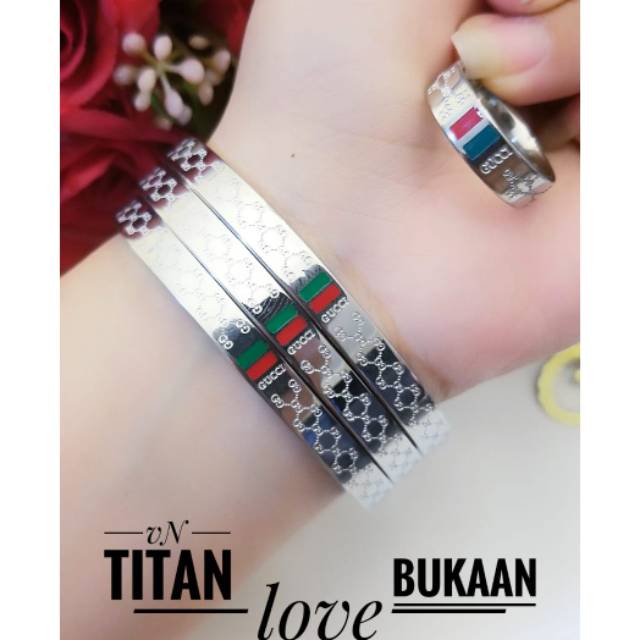 PROMO TERMURAH Set Perhiasan TITANIUM Anti Karat Cincin Gelang Ring Gucci Silver Modis Xuping Gold