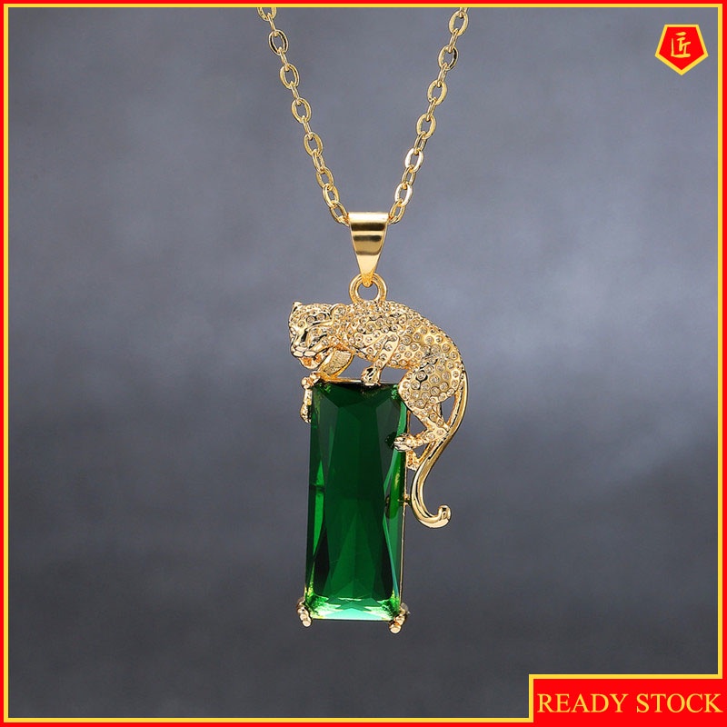 [Ready Stock]Fashion Gold-Plated Leopard Pendant Green Crystal Necklace