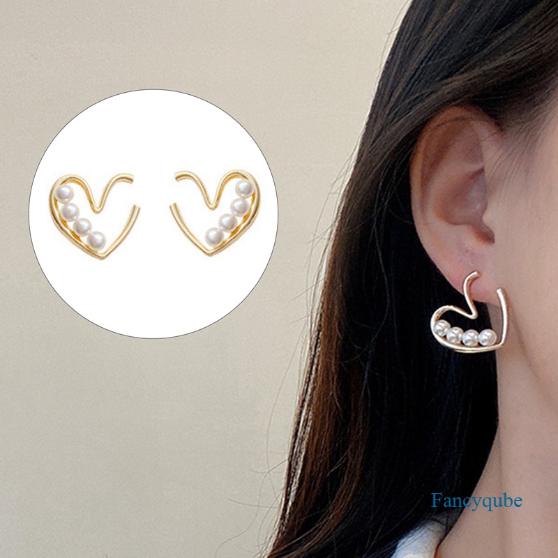 Anting Stud Mutiara Imitasi Bentuk Hati Geometris Gaya Vintage Untuk Wanita
