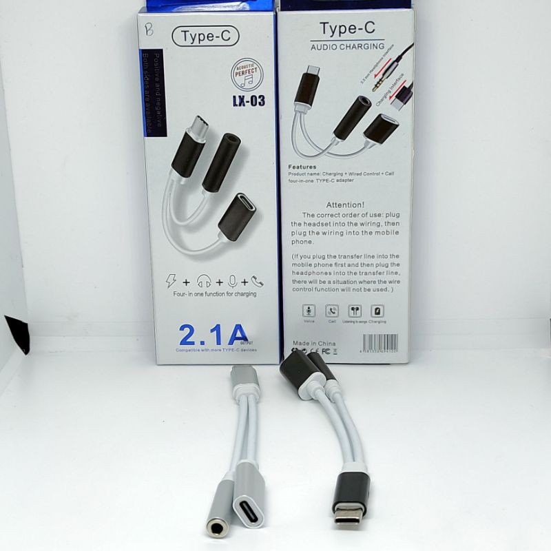 Kabel Konverter Tipe C 2.1A 2in1 Charging &amp; Headset LX-03