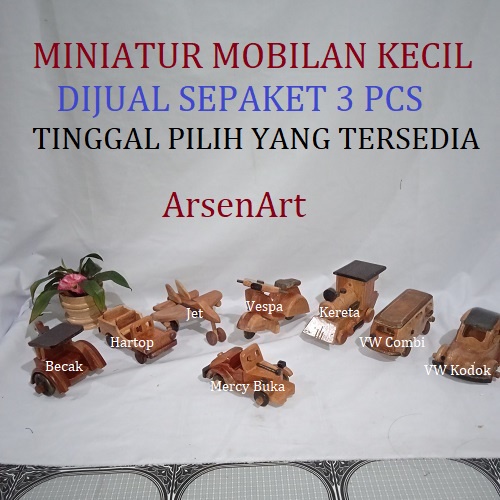 Miniatur Motor Pesawat Mobilan Kayu Sono &amp; Mahoni Sepaket 3 Pcs Ukuran Kecil Koleksi dan Mainan Anak