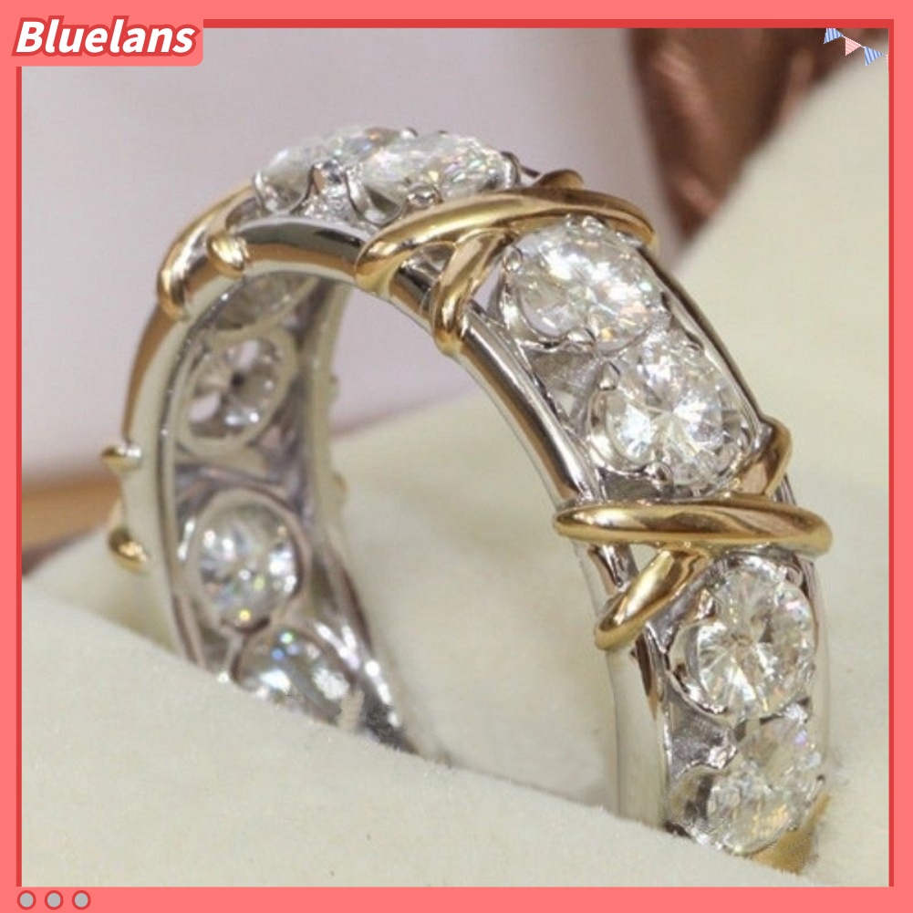 Bluelans Cincin Lapis Emas Putih Model Silang Hias Kubik Zirkonia Untuk Wanita