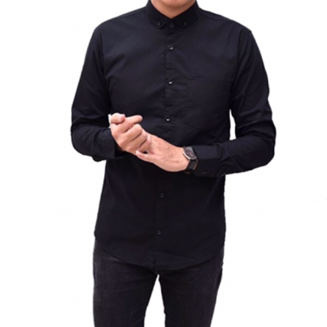 Kemeja Formal Pria Polos Lengan Panjang Bahan Katun - Hitam