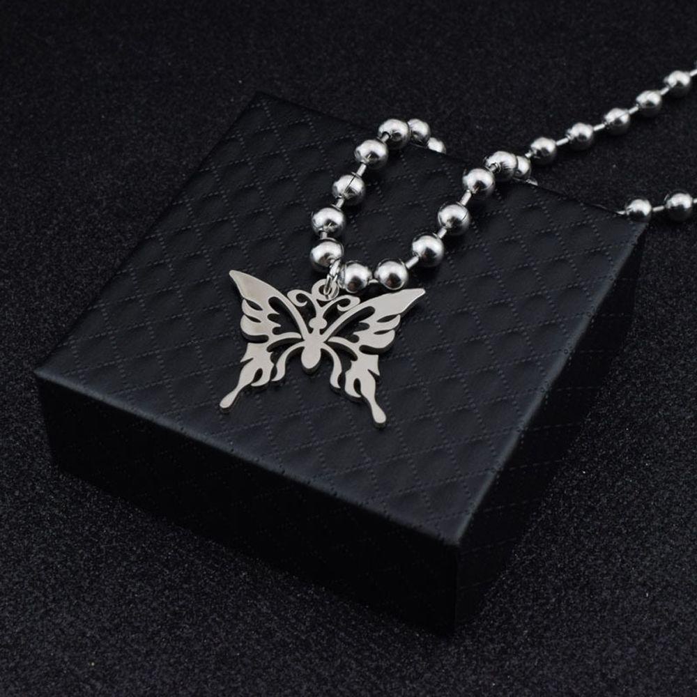 Lily Butterfly Pendant Kalung Fashion Stainless Steel Gothic Rock Boho Perhiasan Rantai Bola