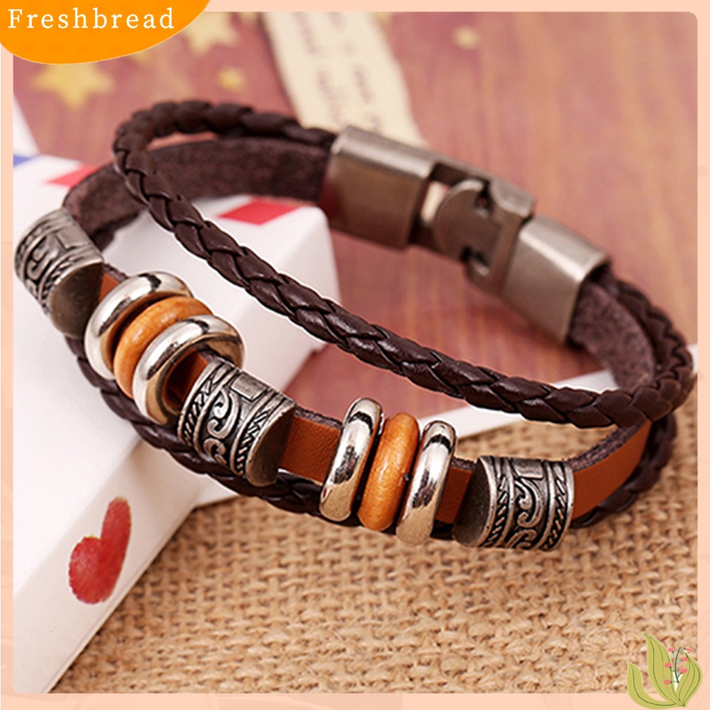 [TERLARIS]Unisex Retro Punk Flower Beads Faux Leather Braided Multilayer Bracelet Bangle for Daily Wear