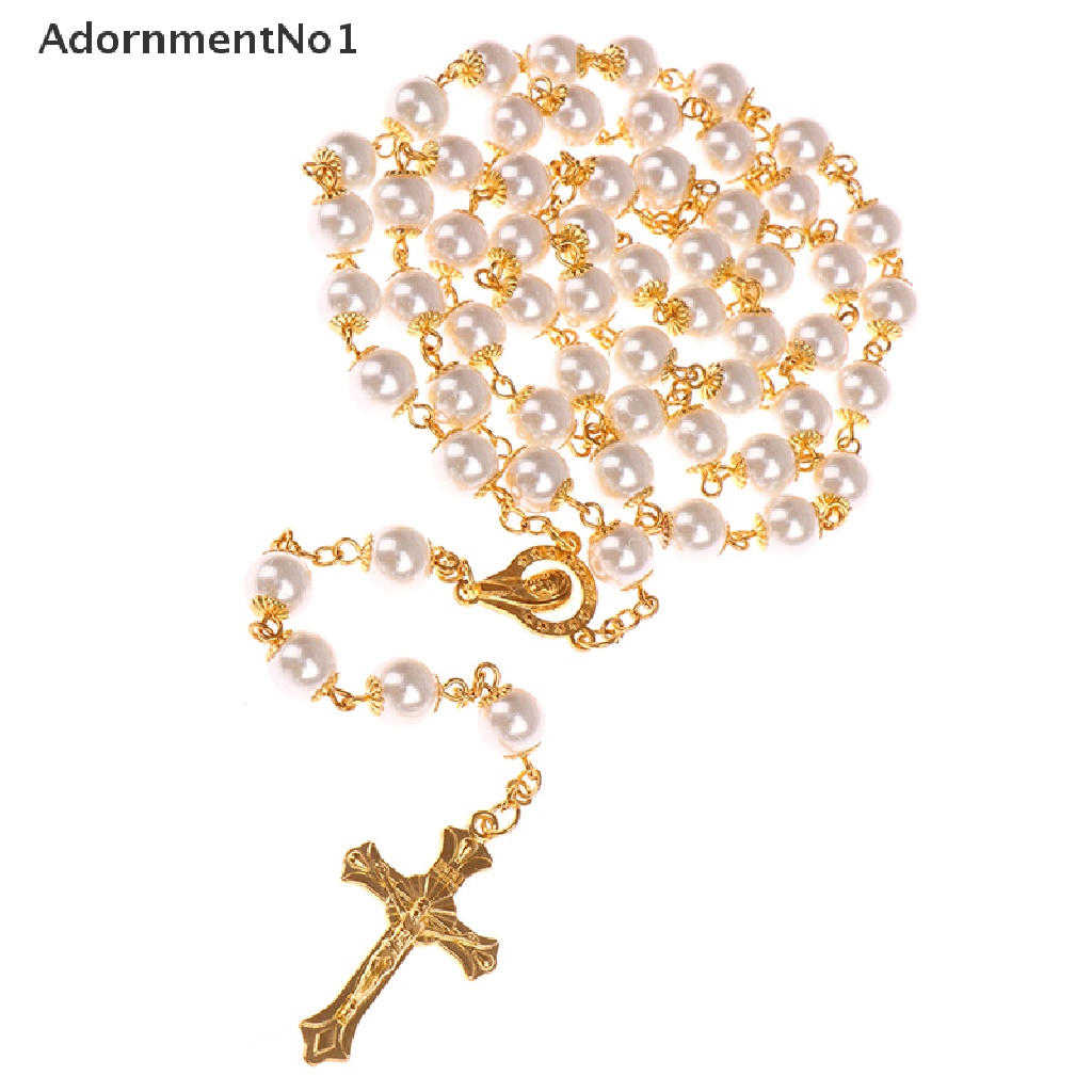 (AdornmentNo1) Kalung Rosario Katolik Rantai Panjang Dengan Liontin Salib Yesus + Mutiara