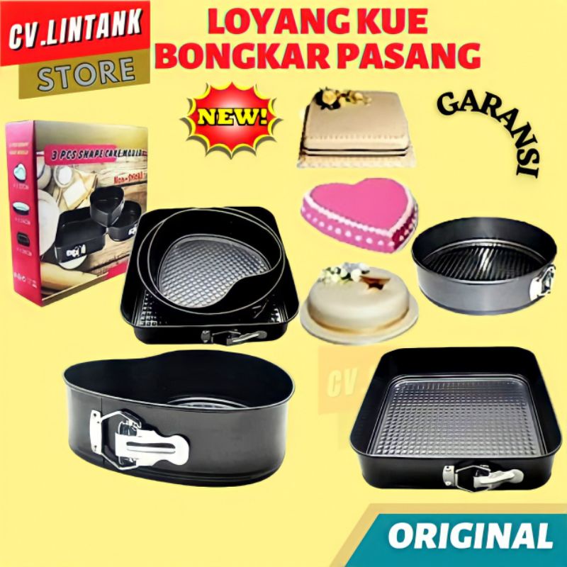 Loyang Kue Bongkar Pasang HA 6216 Loyang Love Bulat Segi Empat Teplon Set Isi 3 Pcs Alumunium Dilapi