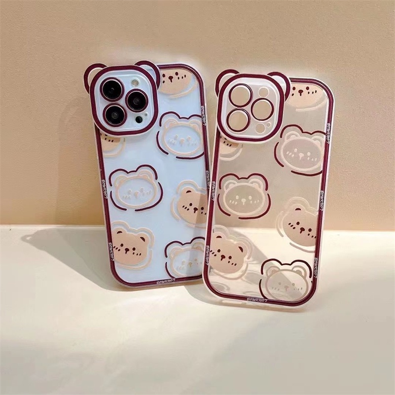 Soft Case Pelindung Lensa Bening Tahan Banting Anti Jatuh Motif Beruang Coklat Untuk iPhone 14 13 12 11 Pro Max X Xr Xs Max SE 8 7 6 6s Plus