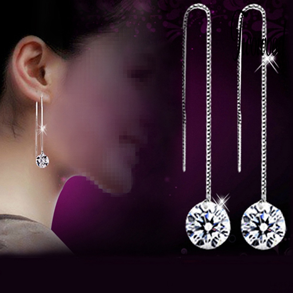 1 Pasang Anting Menjuntai Bentuk Bulat Bahan Cubic Zirconia Lapis Silver Anti Korosi Untuk Wanita