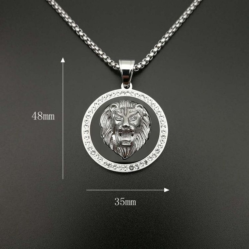 Kalung Liontin Kepala Singa Bahan Stainless Steel Lapis Emas Aksen Berlian Gaya Hip Hop Untuk Pria