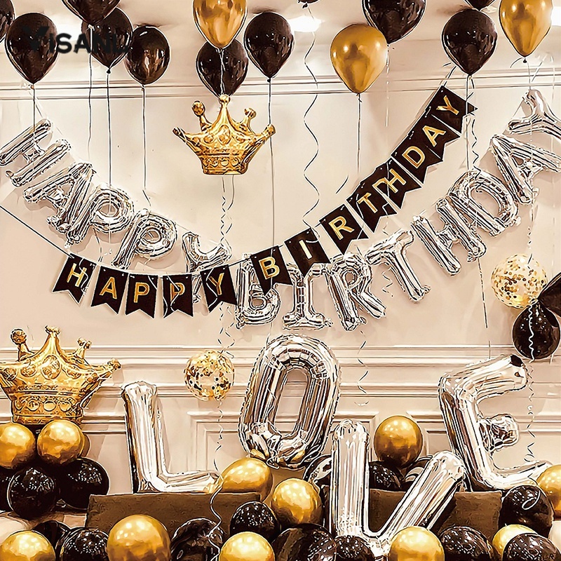 Dekorasi Backdrop Ulangtahun Romantis 3D Balon Foil Happy Birthday Hitam Putih Backdrop