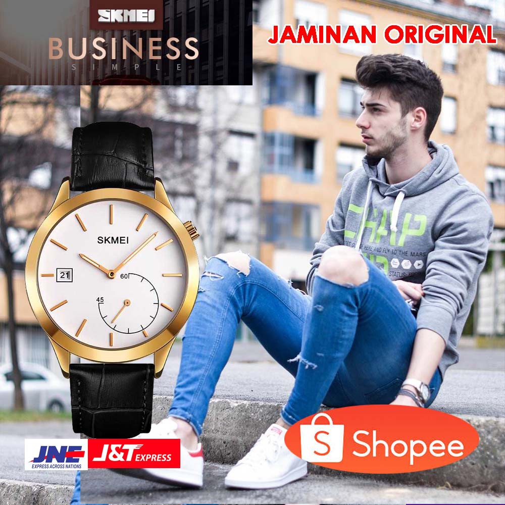ORIGINAL SKMEI Jam Tangan Analog Pria Strap Kulit - 1581 [Gold Hitam]