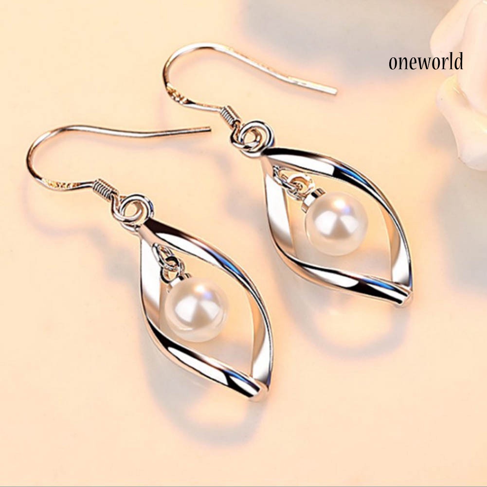 OW# Elegant Women Faux Pearl Rotating Dangle Hook Earrings Wedding Jewelry Gift