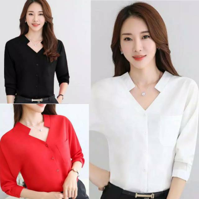 Kemeja Wanita Lengan Panjang Blouse Wanita Leher V Blouse Wanita Polos Vienaty Shopee Indonesia