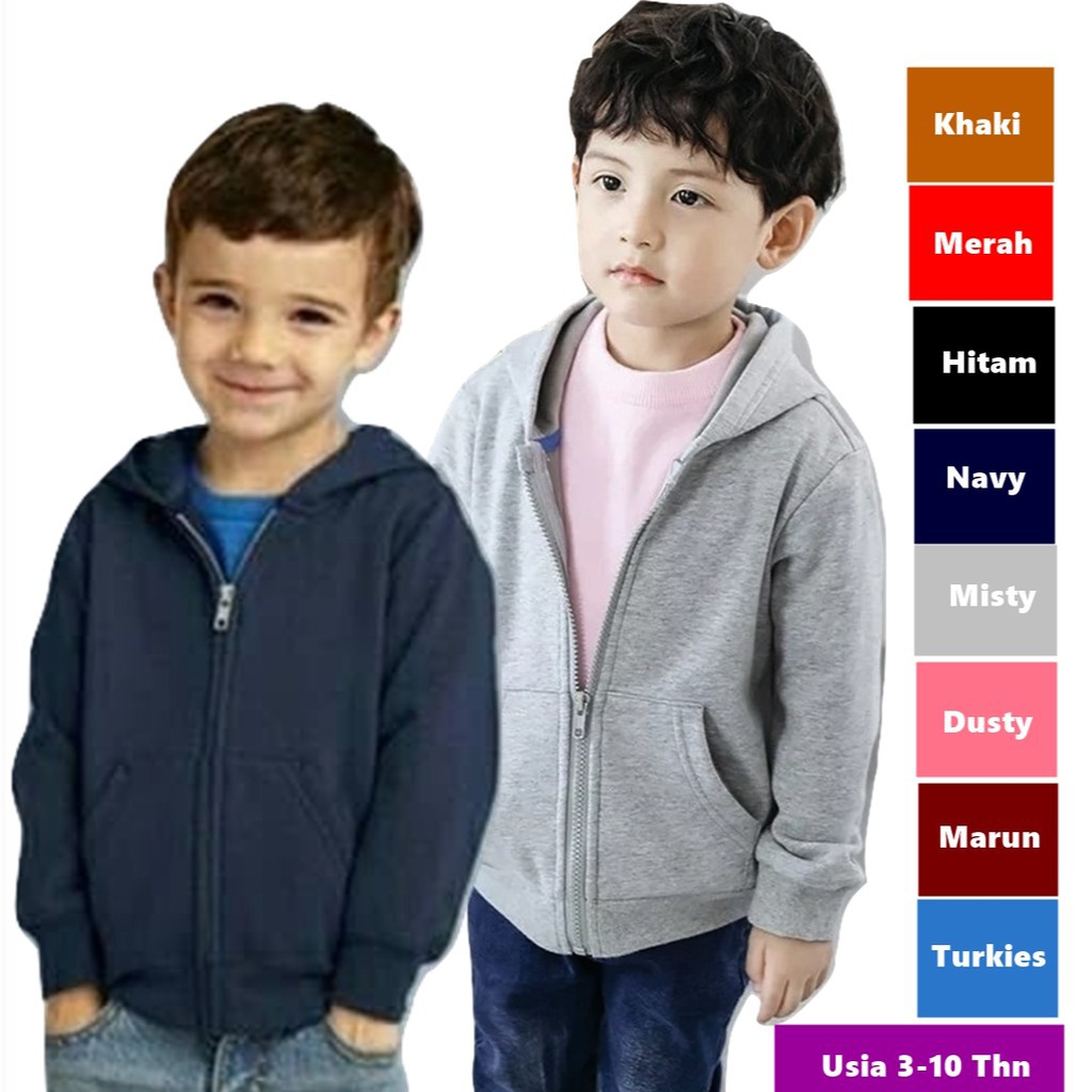 Jaket Resleting anak Hoodie Zipper Polos 1 tahun sampai 12 tahun