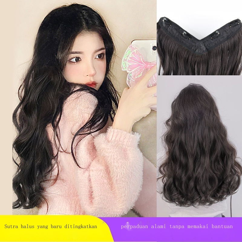 Hair Clip Rambut Asli✷✐▽Wig wanita rambut keriting panjang gelombang besar one piece wig alami set b