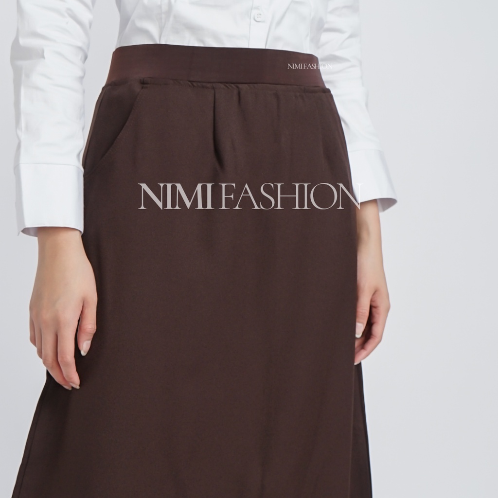 Rok Kerja Wanita Panjang Pinggang Karet Model A-line Formal Muslimah-Coklat