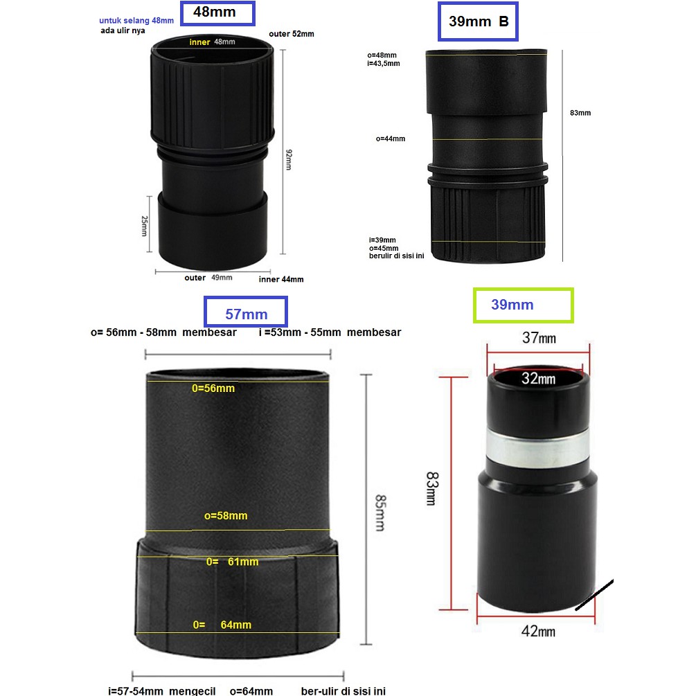 Adapter Selang Vacuum Cleaner untuk selang 39mm -48mm-57mm berULIR