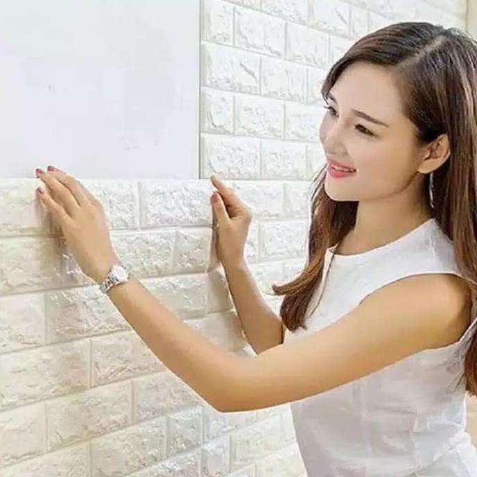 Sticker Wallpaper Dinding 3D Tempel Dekorasi Background Bata Foam Lem - Pink