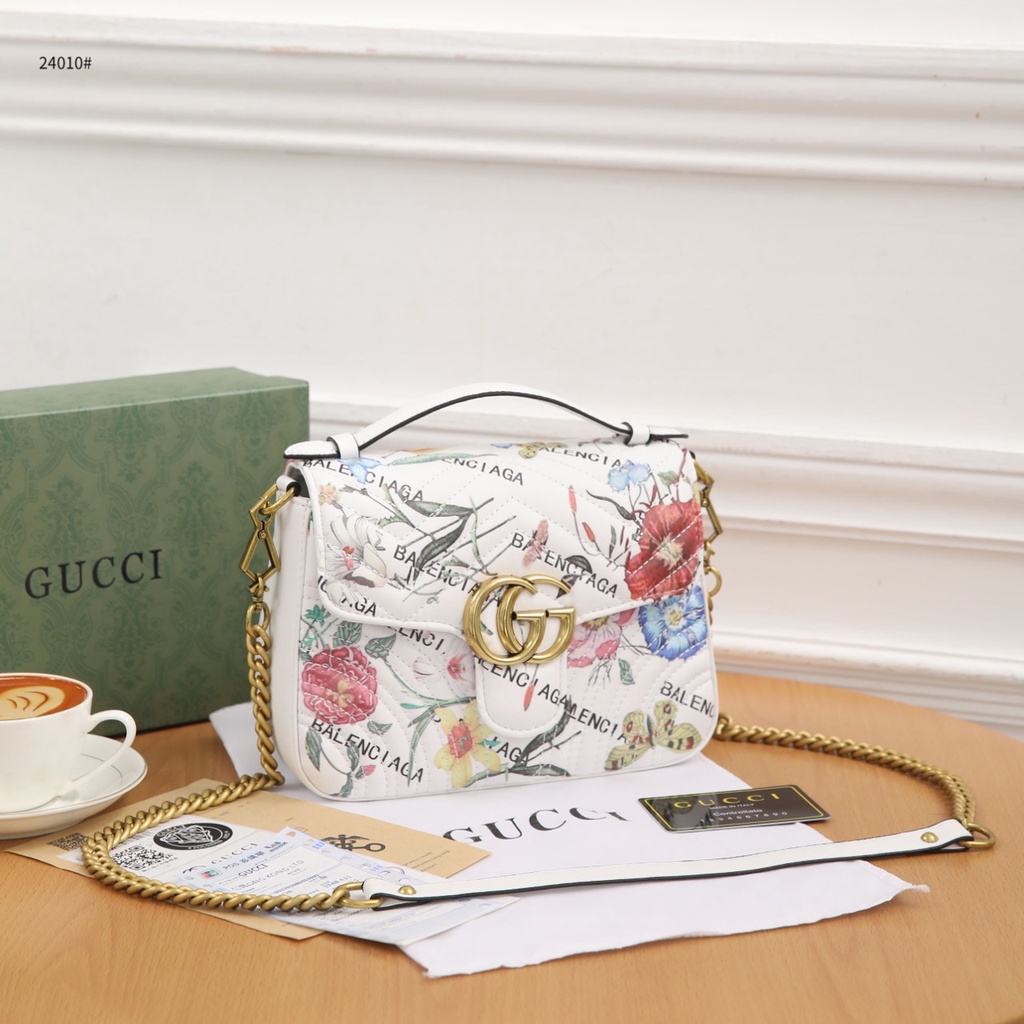 GC X BC The Hacker Project Small GG Marmont Bag Top Handle  White Flora 24010