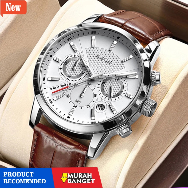 Jam tangan analog pria terbaik- LIGE 9866 Jam Tangan Pria Anti air Fashion Chronograph Kulit Kuarsa 