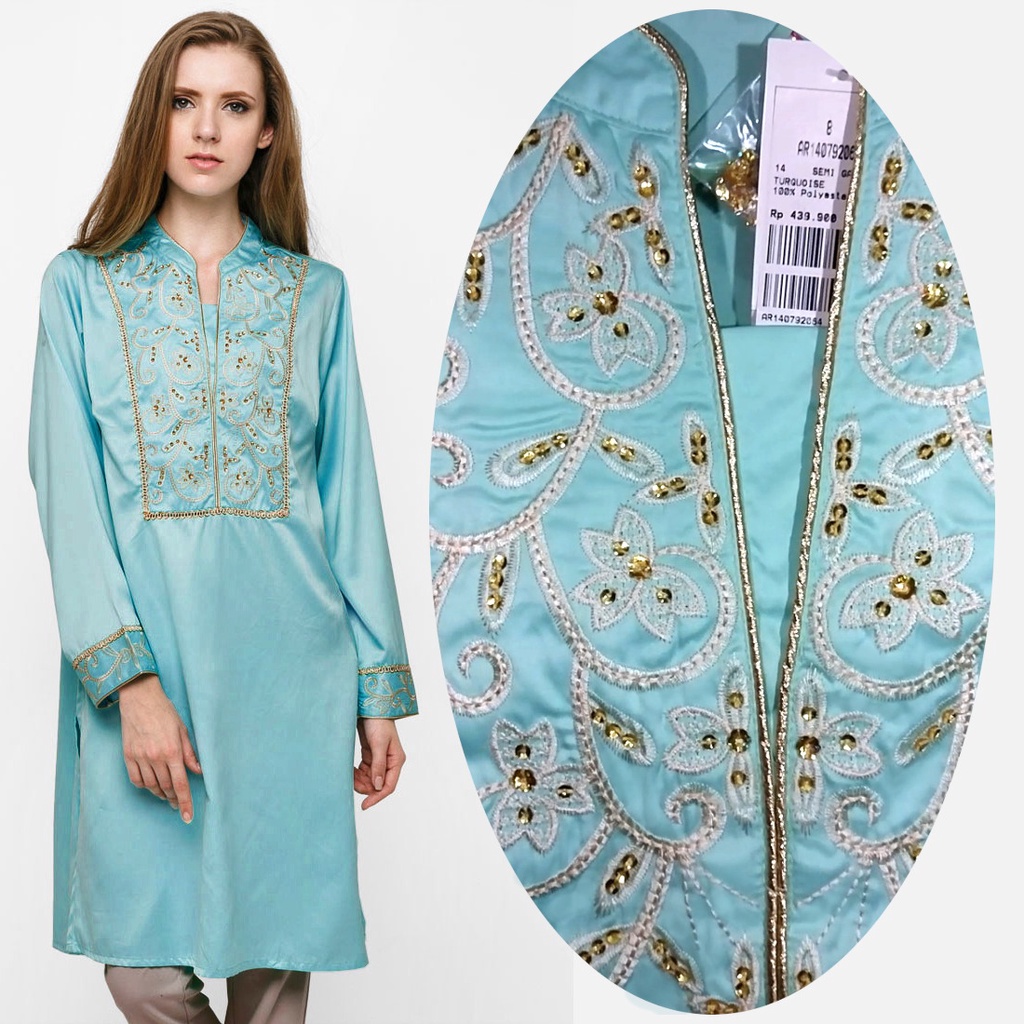 Tunik Atasan Muslimah Premium Accent Hias Bordir dan Payet Biru Tosca