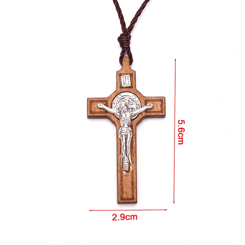 Kalung Liontin Salib Yesus Bahan Kayu Metal Gaya Retro