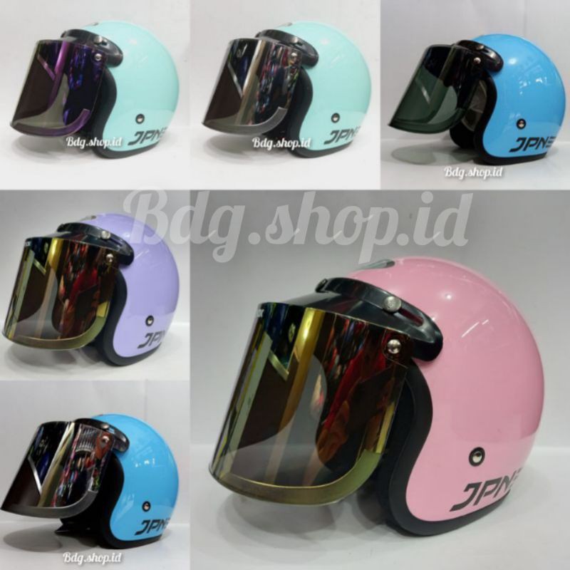 helm JPN ping pastel/ungu pastel/hijau pastel/blue pastel kaca datar