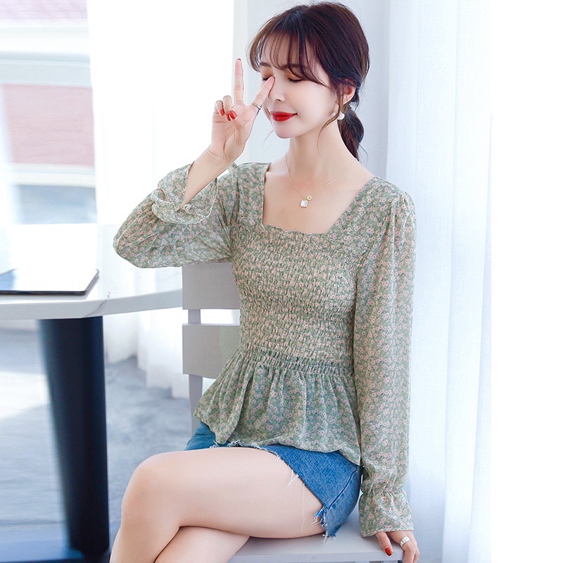 baju wanita import [MERCY]Atasan Blouse wanita lengan panjang kerut motif bunga Korean Style