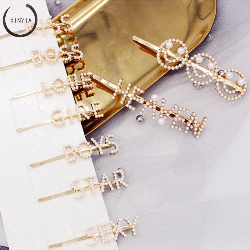 Jepit Rambut Model Huruf Inggris dengan Mutiara Imitasi untuk Wanita