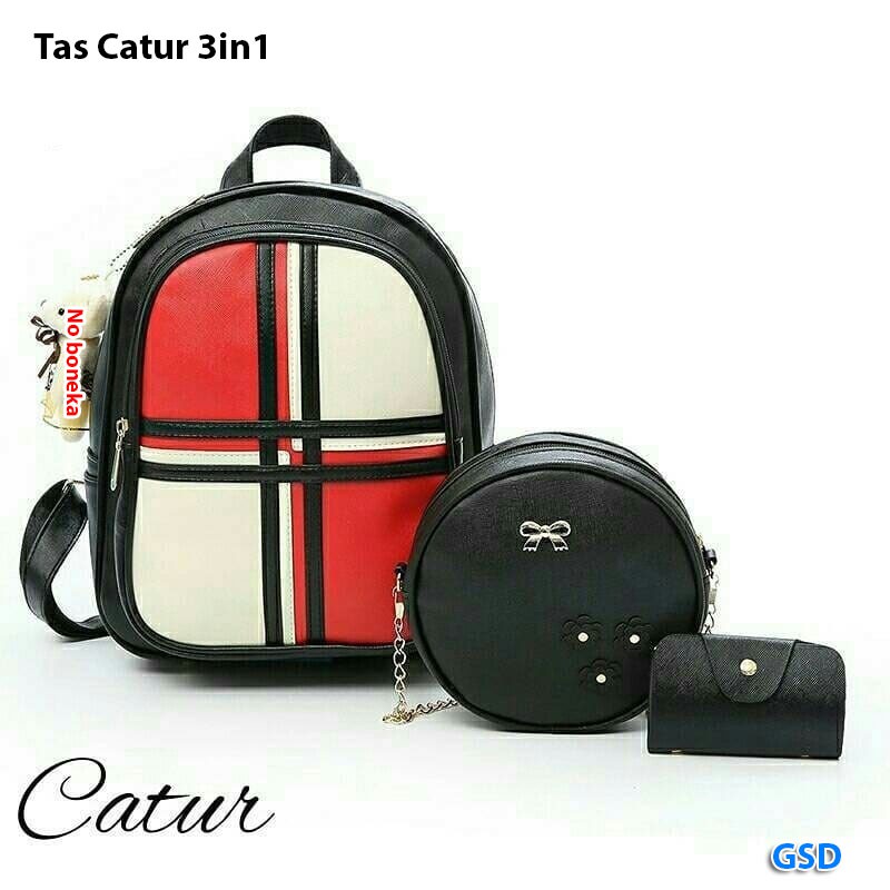 tas catur 3in1 hitam/paket tas murah 3in1/tas backpack+tas slempang+dompet/tas ransel wanita fashion